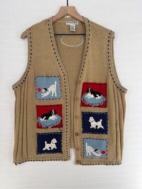 Vintage Passports Woman 3X Dog Appliqué Button-Front Sweater Vest